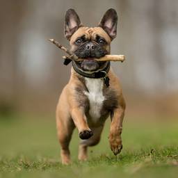 French Bulldog Running on grass with a stick. 